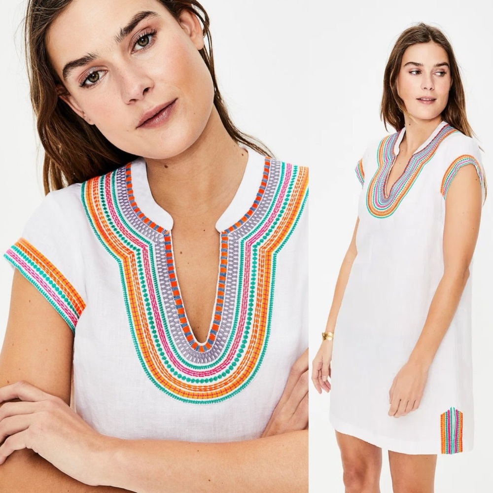 Boden‎ Yasmin 100% Linen Tunic Dress Short Sleeve Embroidered White Colorful